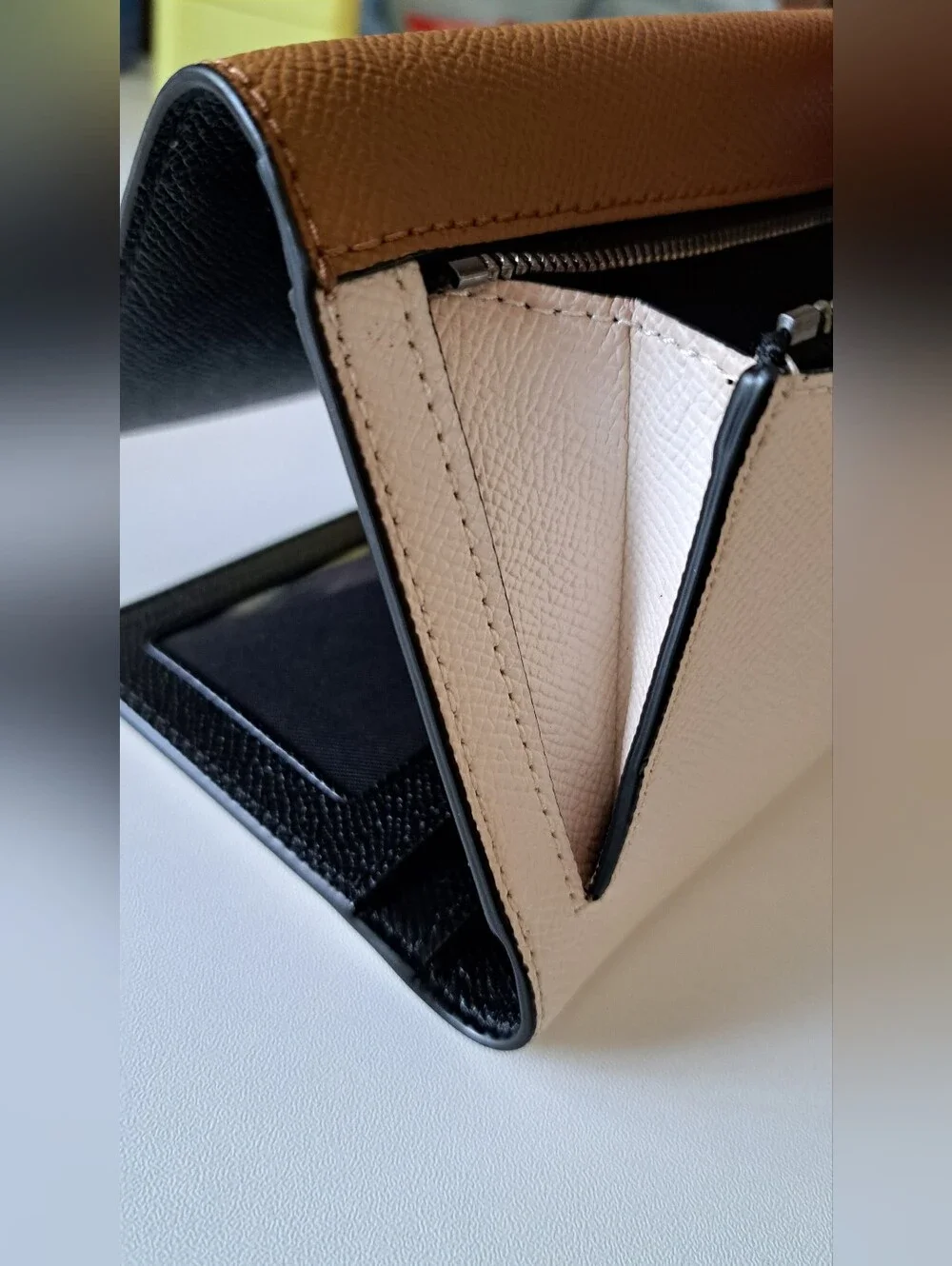 Coach Two-Tone Pebbled Leather Wallet — Tan and White